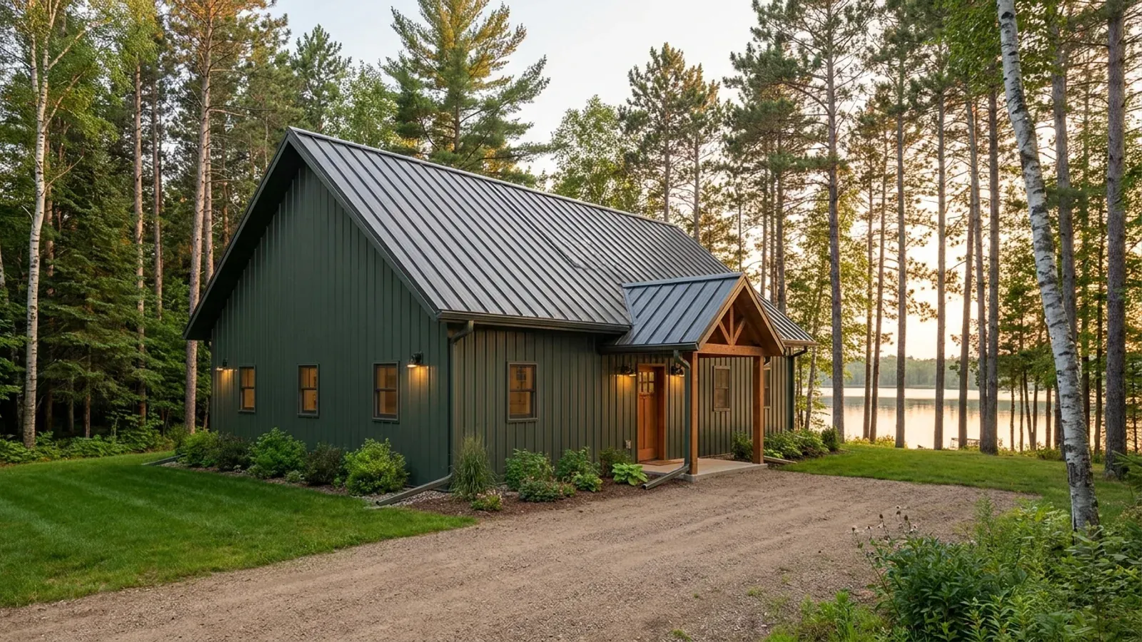 A compact dark green 30x40 barndominium sized like a cabin, in a clearing of tall pines and birch with a lake glimpsed behind.