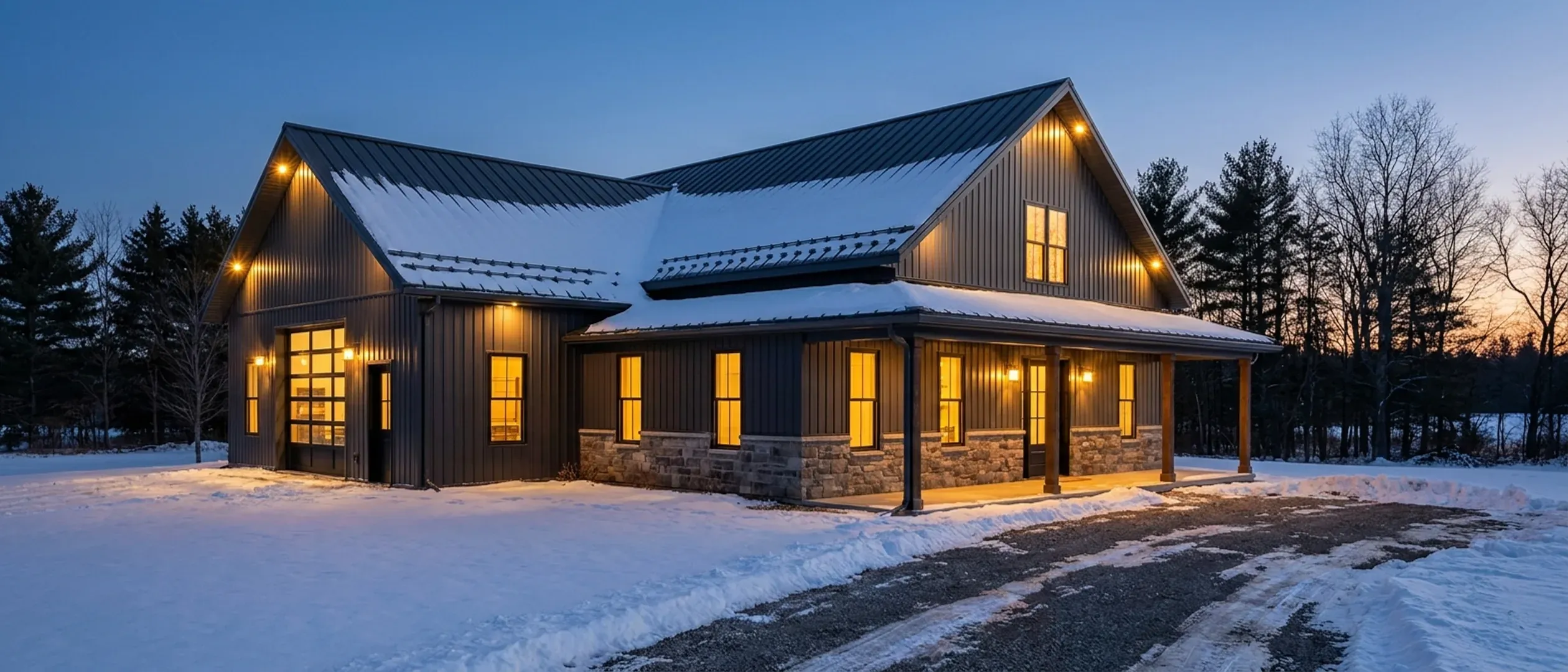 A barndominium at winter dusk with snow on its steep metal roof and warm light glowing from every window onto the snow.