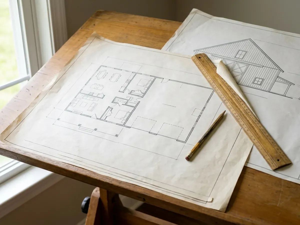 Barndominium floor plan and elevation drawings laid out on a drafting table with a scale rule and pencil.