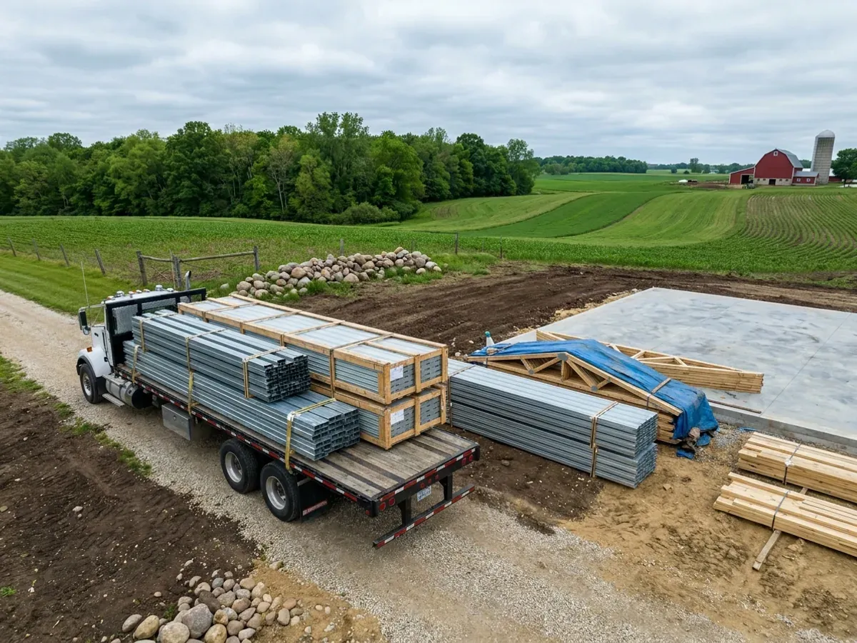 A flatbed truck delivering banded frame members and stacked metal roof panels to a rural building site beside a finished concrete slab.