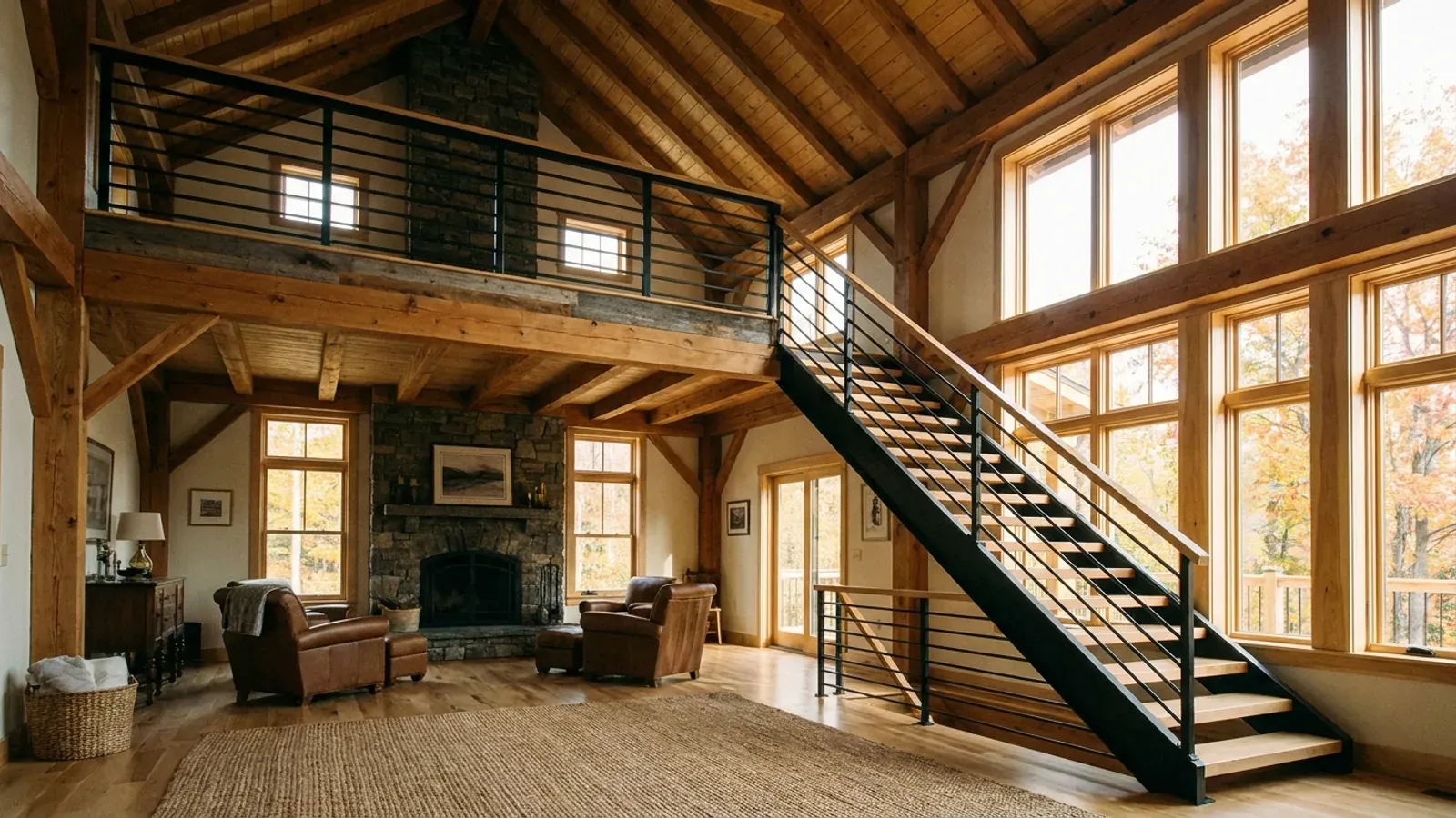 A barndominium great room with an open loft level and railing built over part of the room, reached by an open staircase.