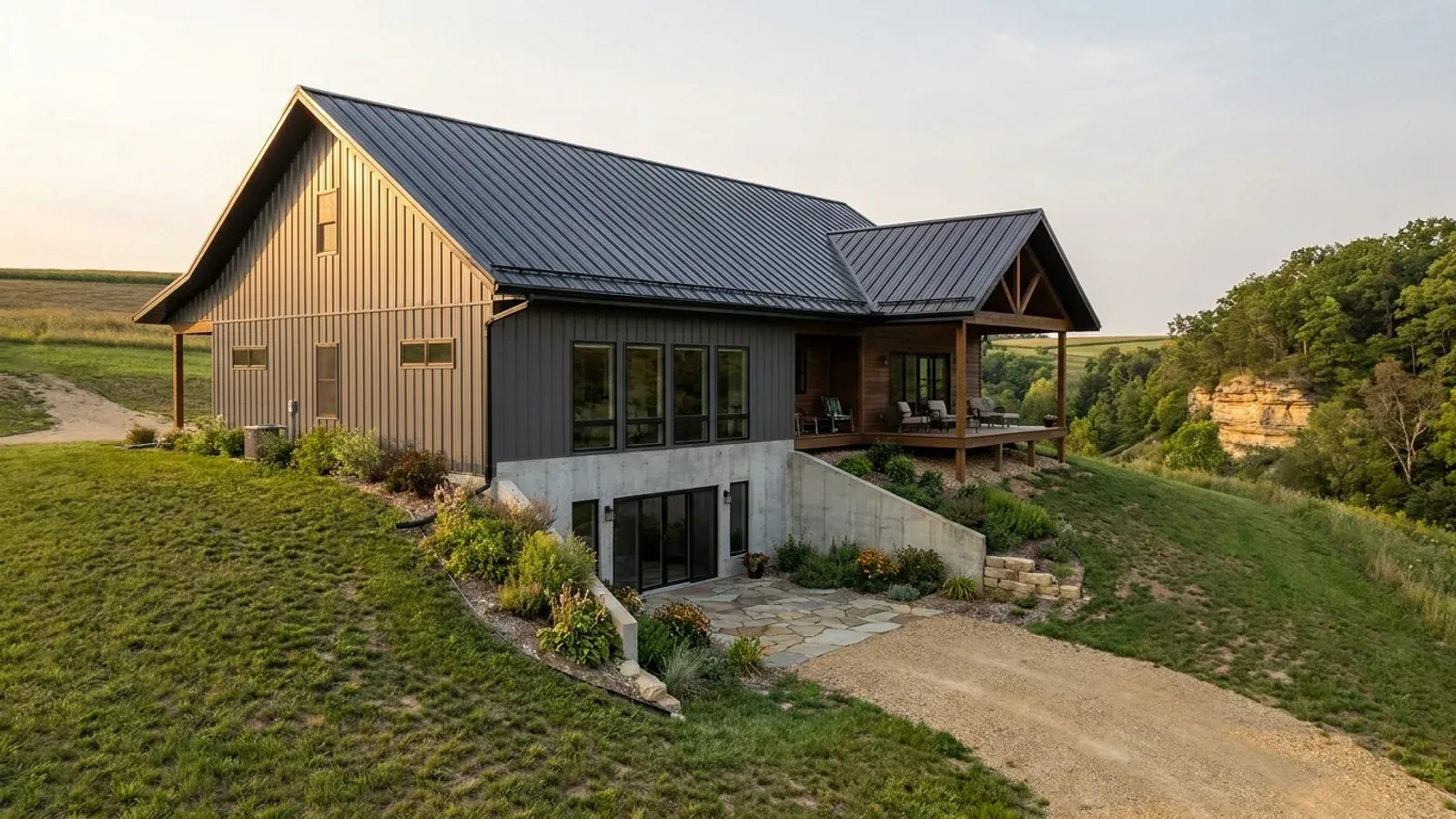 A barndominium with a walkout basement built into a hillside lot, the lower level opening onto a patio, with a wooded valley beyond.