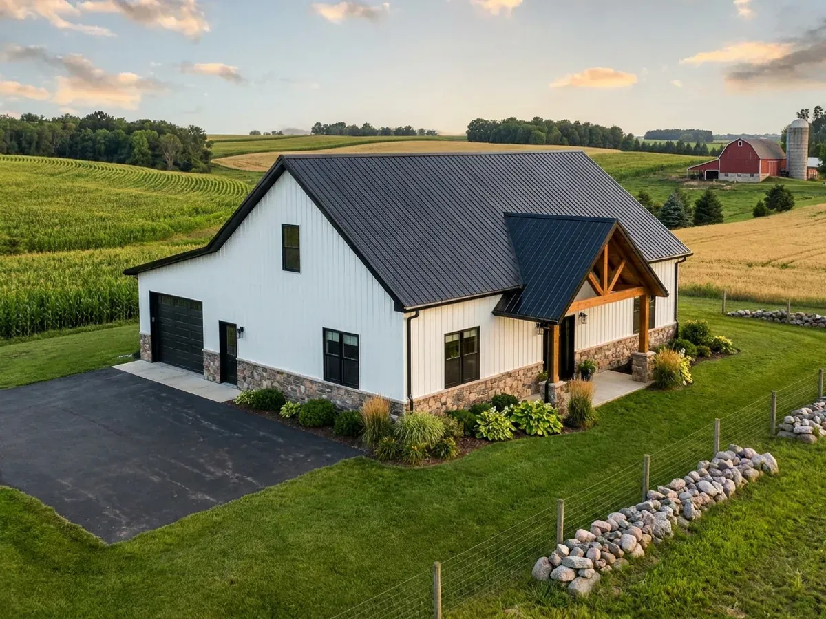 A completed white barndominium with a black steep metal roof, a timber-post entry porch and an attached shop bay.