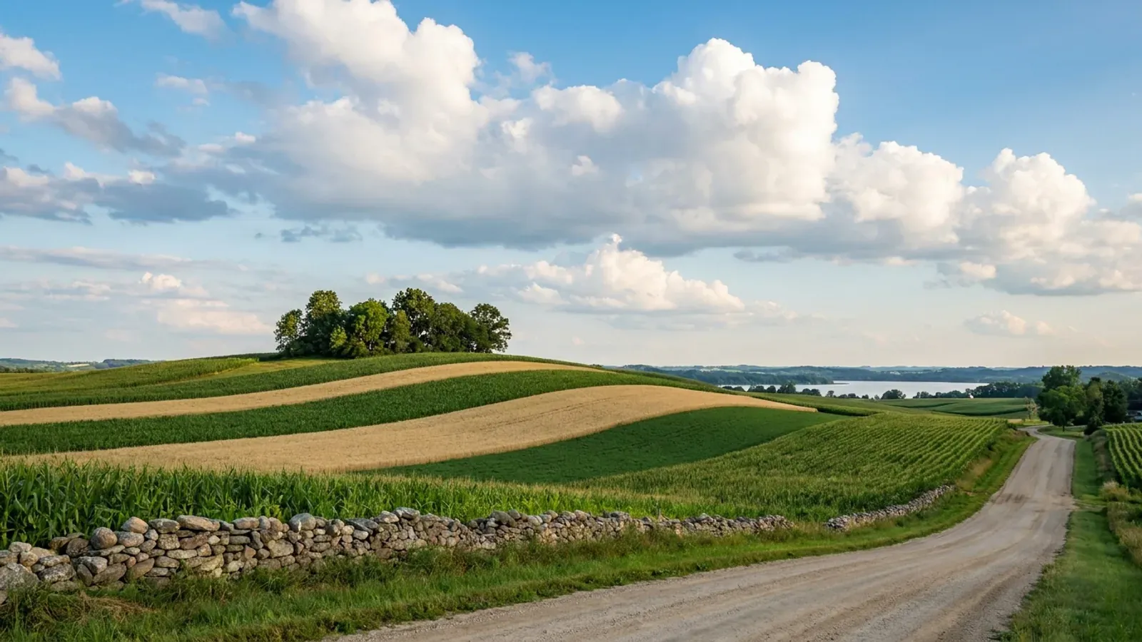 Rounded drumlin hills farmed in curving contour strips of corn, oats and alfalfa, with a woodlot on the crest.