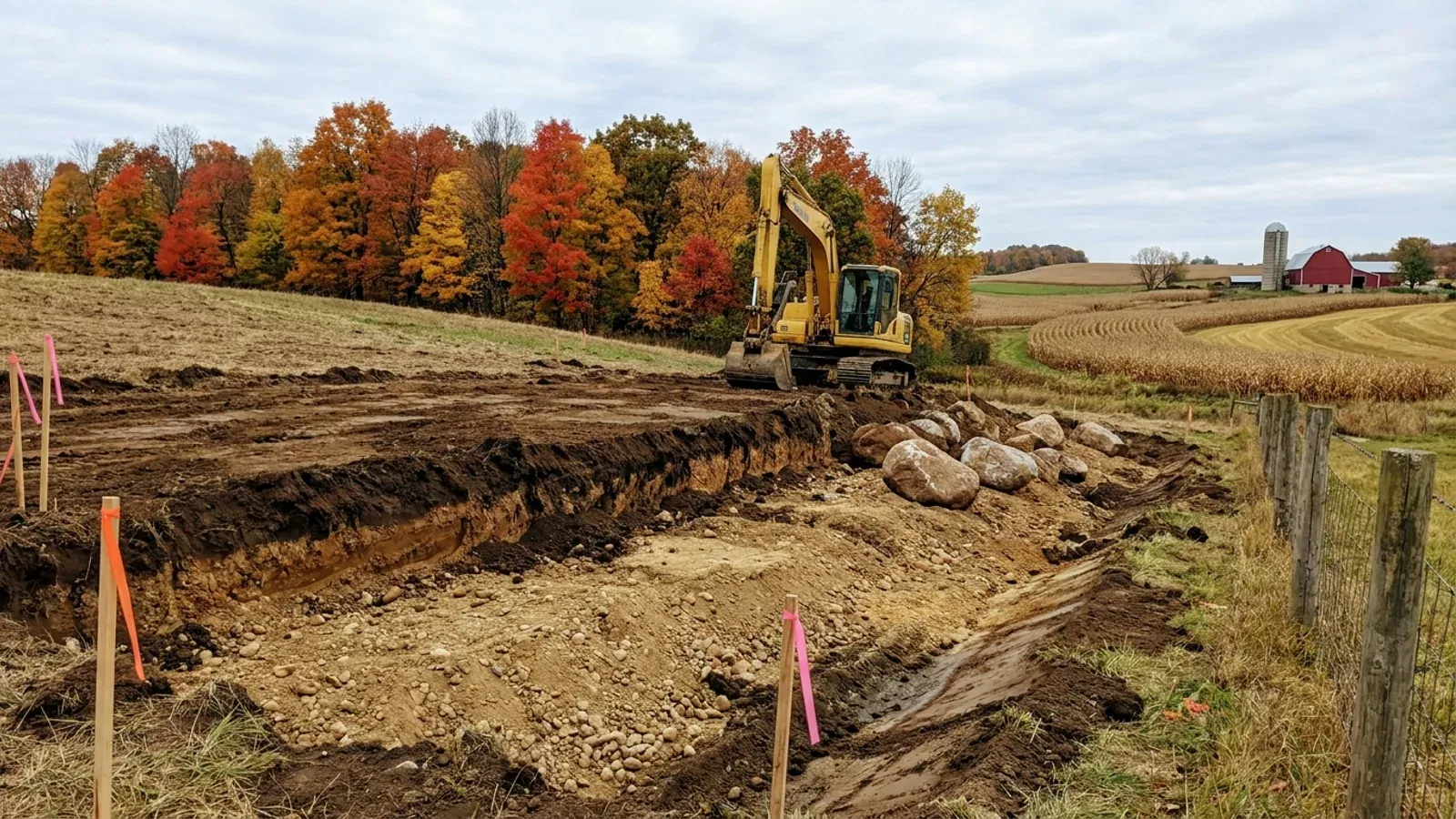 An excavator grading a building pad in glacial soil with rounded boulders set aside, survey stakes, and autumn maples behind.