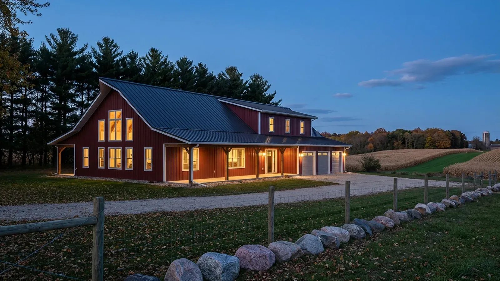 A barn-red barndominium with a steep metal roof at dusk, warm light glowing through its large windows.