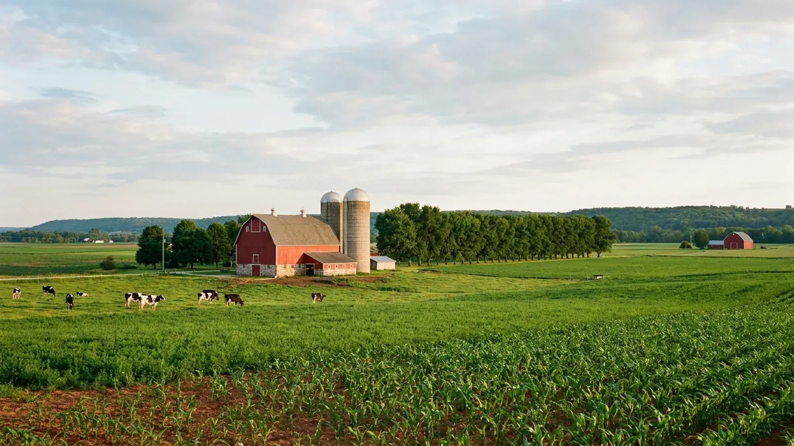 Fox Valley dairy farmland with a red gambrel-roof barn and two concrete silos, grazing Holsteins and alfalfa fields.