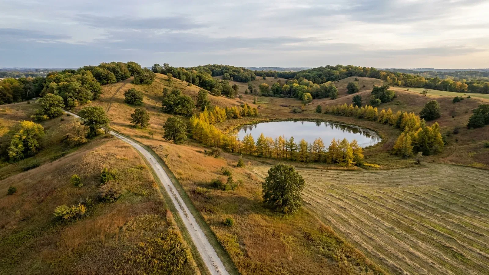 Hummocky Kettle Moraine hills with a kettle pond, spreading bur oaks and golden prairie grass in early autumn.