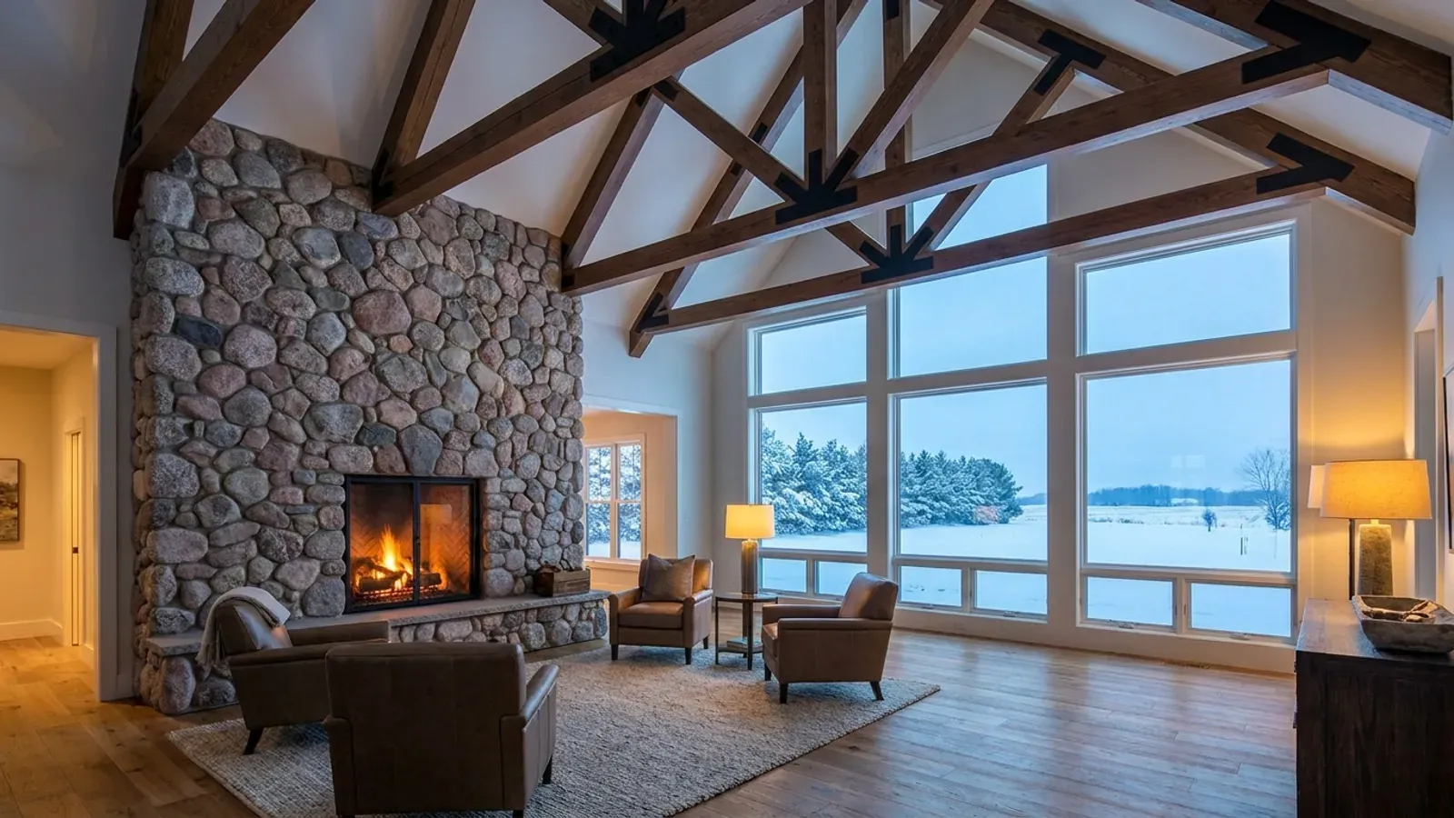 A vaulted barndominium great room with exposed wood trusses, a fieldstone fireplace and tall windows onto snowy fields.