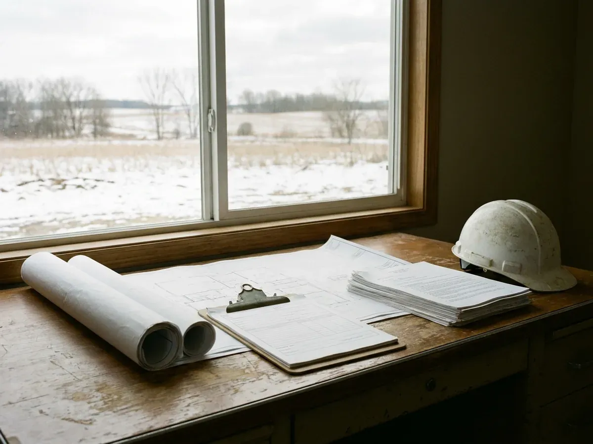A building permit submittal package on a desk with rolled construction drawings, forms on a clipboard and a hard hat, a snowy field outside the window.