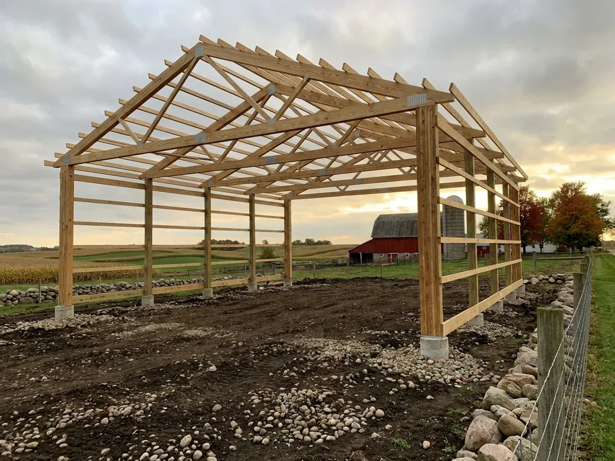 A pole barn (post-frame) home under construction, showing laminated wood columns, horizontal girts and steep wide-span wood trusses.