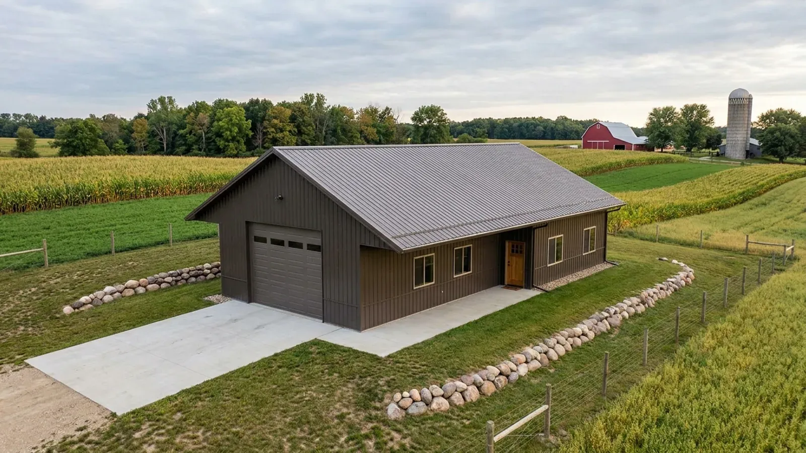 A barndominium with a tall, deep RV garage bay attached to the residence under one continuous steep roof.