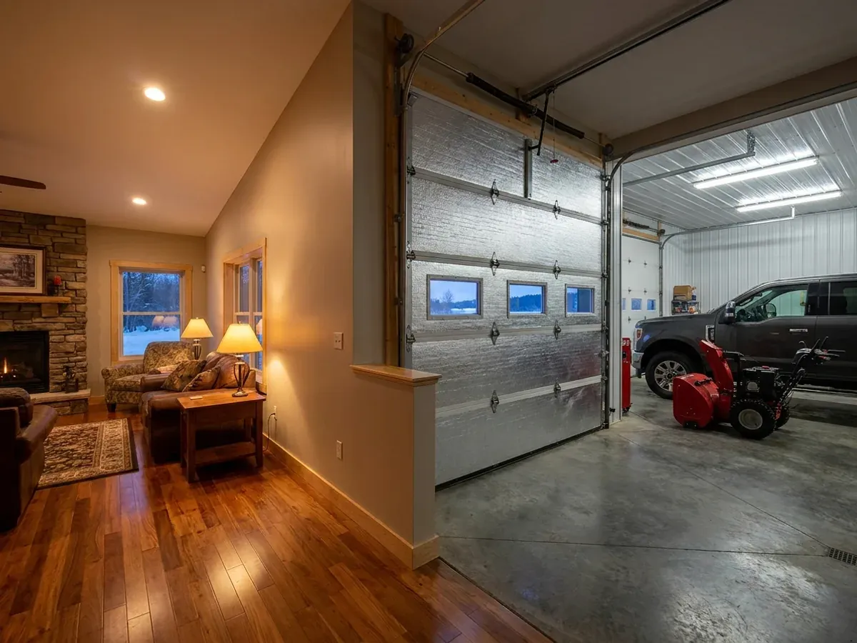 The interior of a shouse where a warm finished living area meets a shop bay with a truck and snowblower, snow visible through the door windows.