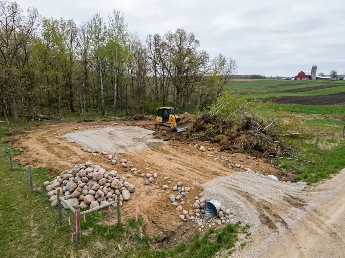 A dozer clearing brush on a rural parcel beside a compacted crushed-stone pad, with rounded fieldstone pulled from the cut and a culvert at the drive entrance.