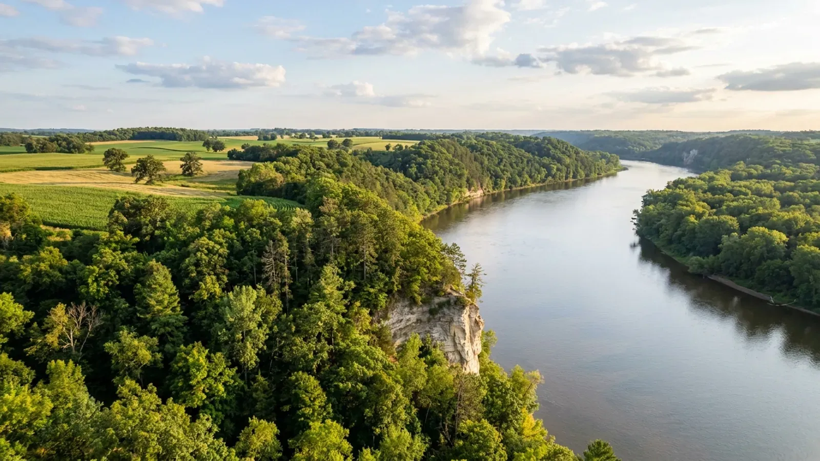 The St. Croix River between steep wooded bluffs with a sandstone face, and rolling upland farmland above.