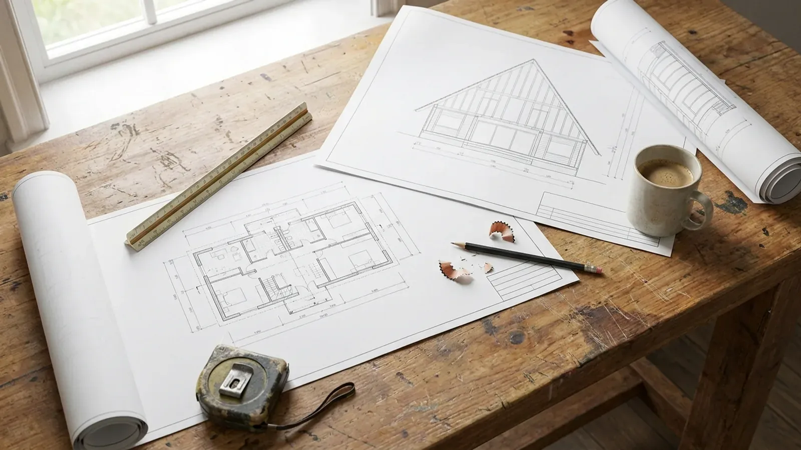 Overhead view of floor plan and elevation drawings on a wooden workbench with a scale ruler, pencil, tape measure and coffee mug.